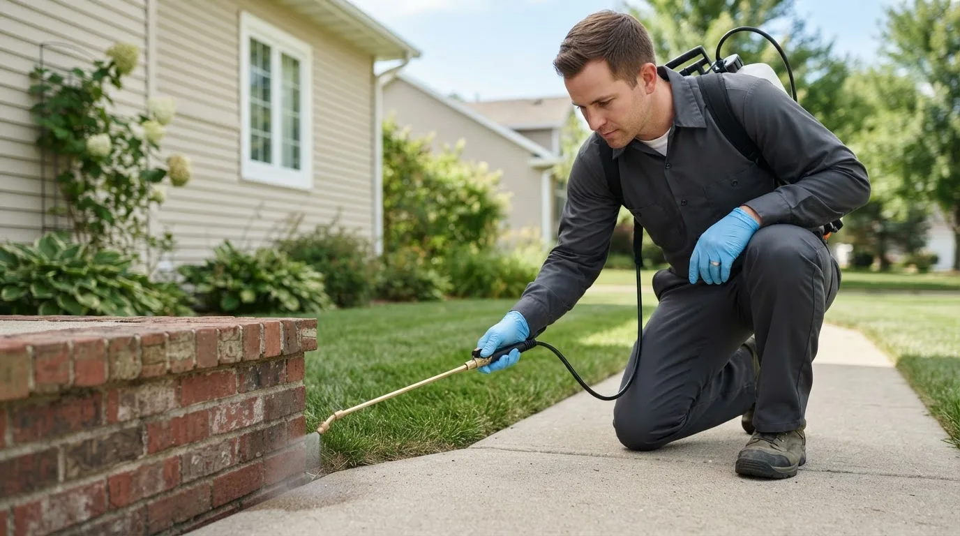 Pest control technician treating a home near New Cambria, MO